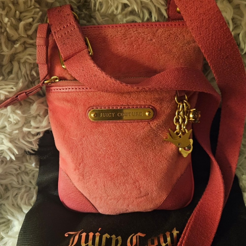 Rare Juicy Couture Y2K Vibrant Pink Terry Cloth Crossbody with Gold Bag Charm